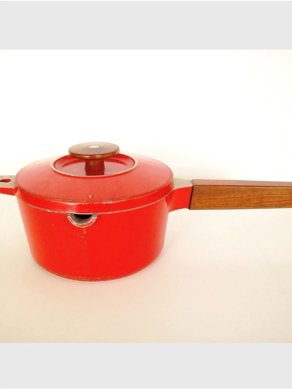 MID-CENTURY MODERN Red Saucepan with Teak Wood Handles MCM Vintage Cookware Pot